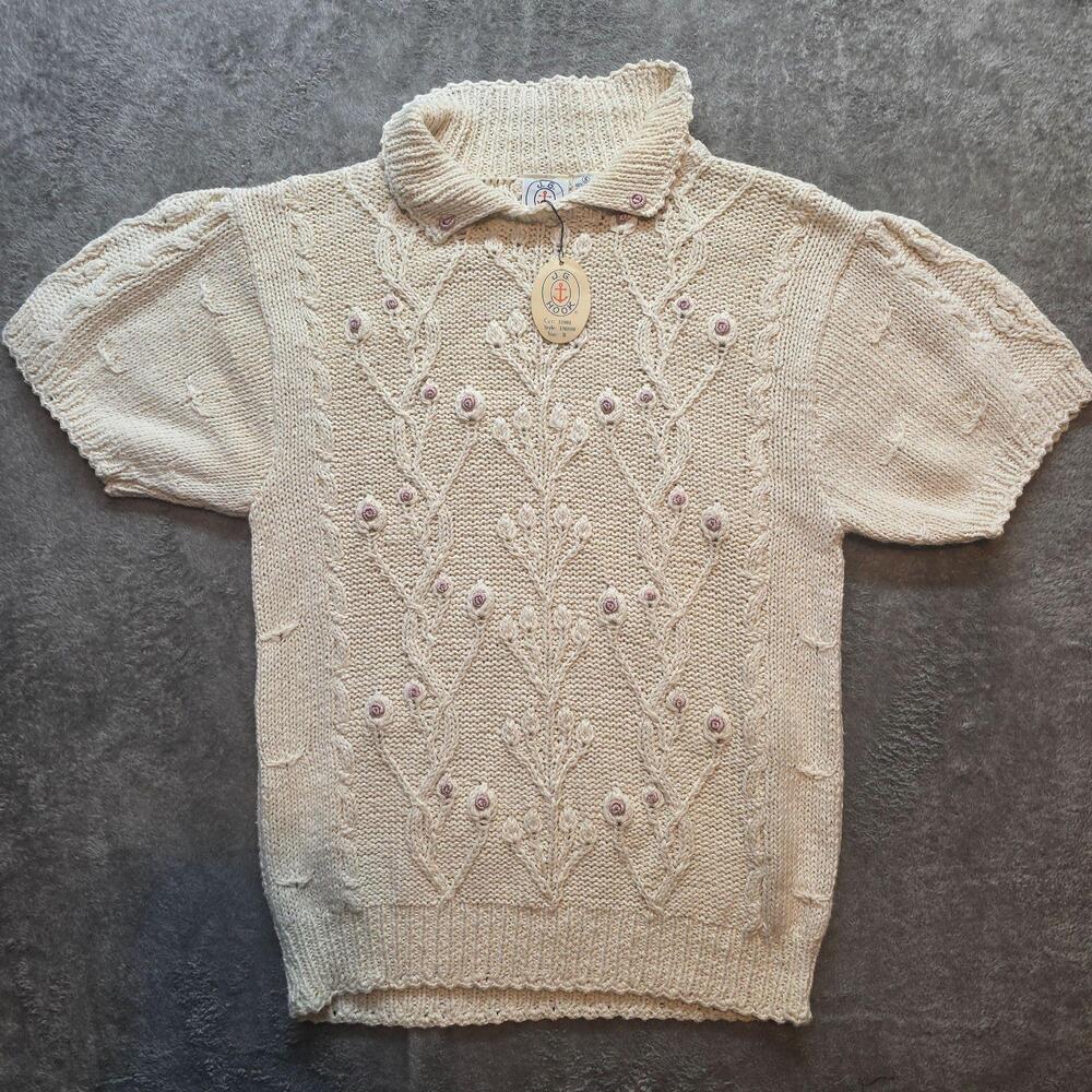 Vintage J.G. Hook Sweater Womens Small White Collared Floral Cable Knit Handknit